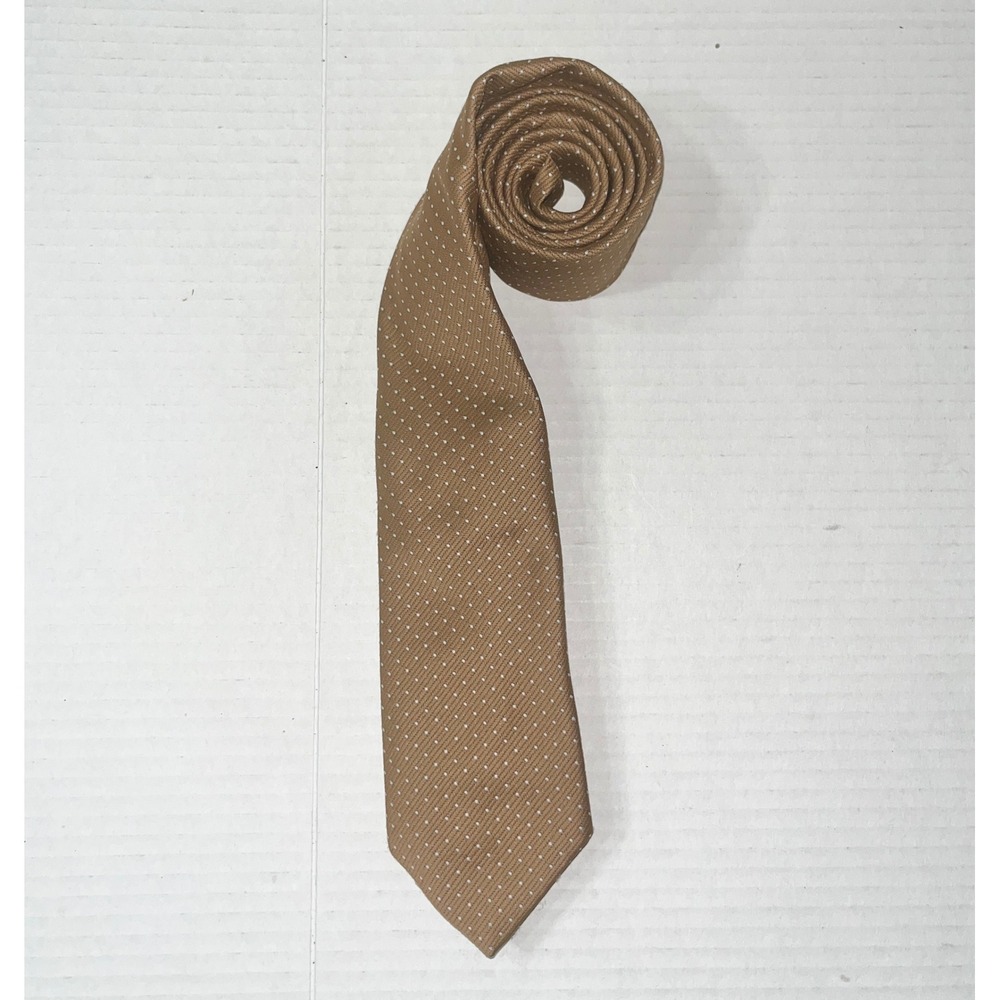 Lucien Piccard Mens Silk Necktie Tan Brown White Micro Polka Dot Business Tie